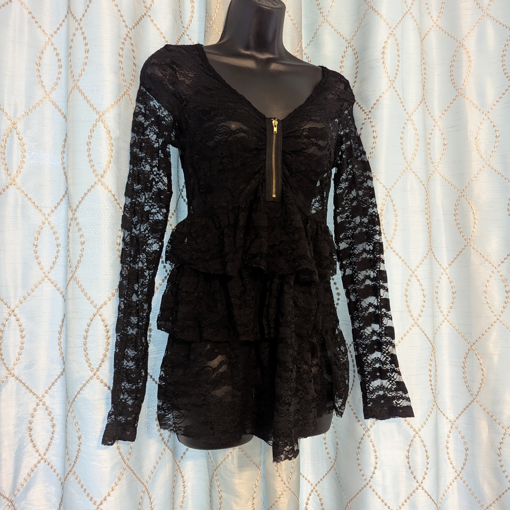 97. Rue 21 Black Lace Long Sleeve Mini Dress/ Top - Medium